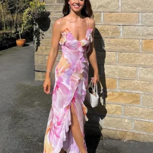 Weird Puss Flower Print Strapless Backless Tassel Bandage Party Dress