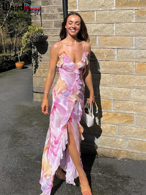 Weird Puss Flower Print Strapless Backless Tassel Bandage Party Dress