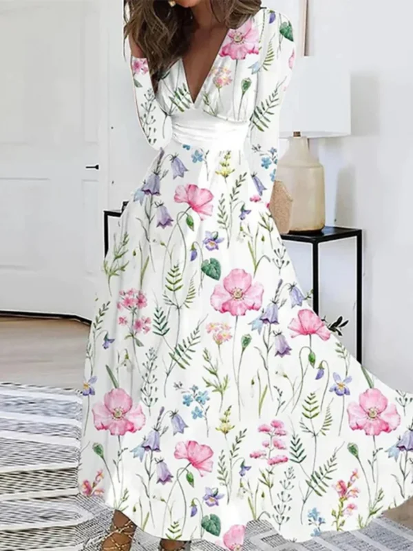 Floral prom dress with V-neck, long sleeves, and A-line maxi - Image 2