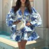 Floral prom dresses: Elegant ruffled mini dress with puff sleeves